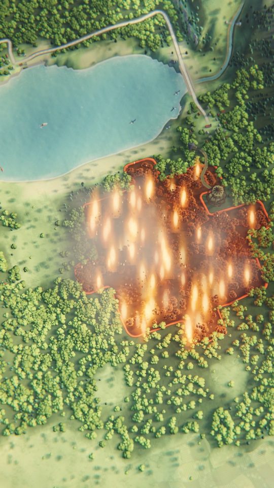 Fire by the lake, seen from above